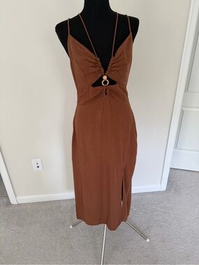 Zara Chocolate Brown Cutout Midi Dress Open Back Vacation Dress M